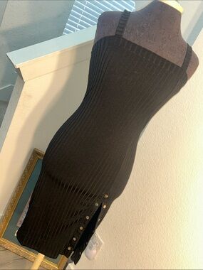 Haute Monde Black Ribbed Knit Midi Dress with Snap Side Slit